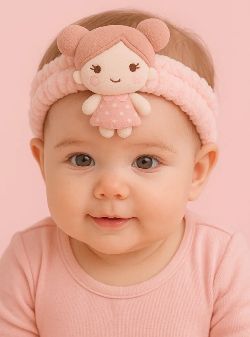 Soft Plush Baby Headband with Cute Girl Doll Decoration - Pink